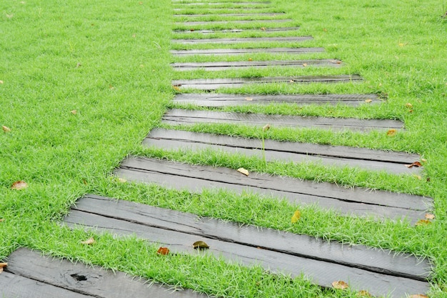 Houten weg op verse groene gazonachtergrond.