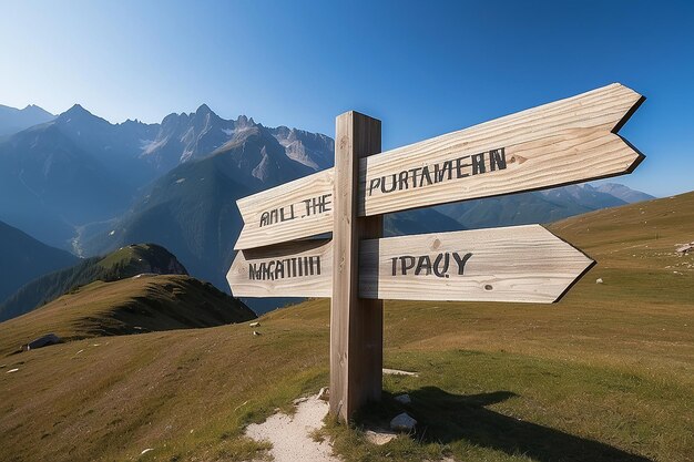 Foto houten wegwijzer in de berg.