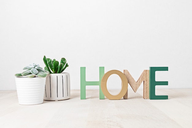 Houten woord Home, vooraanzicht, met decorelementen, kamerplanten, bloemen en lege kopie ruimte over de witte muur.