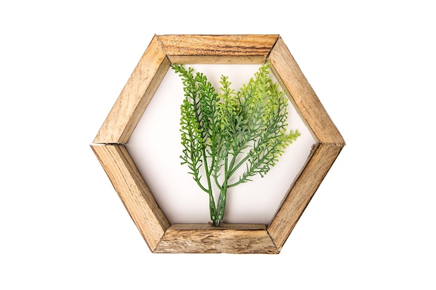 Houten zeshoekige muur Decoratief frame met een kunstbloem in het midden op een witte geïsoleerde achtergrond