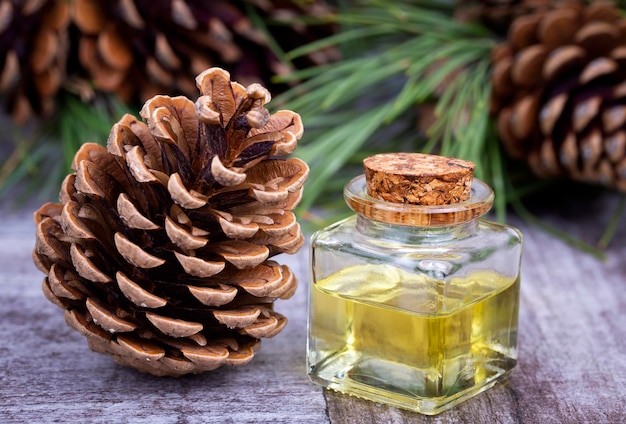 Houtgeuren voor aromatherapie in de winter. Dennenappels en verse groene dennentakken, flessen etherische olie, bovenaanzicht