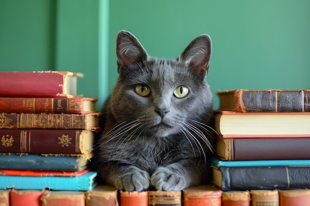 Houtskoolgrijze kat rusten naast stapel vintage boeken op tafel tegen teal muur achtergrond