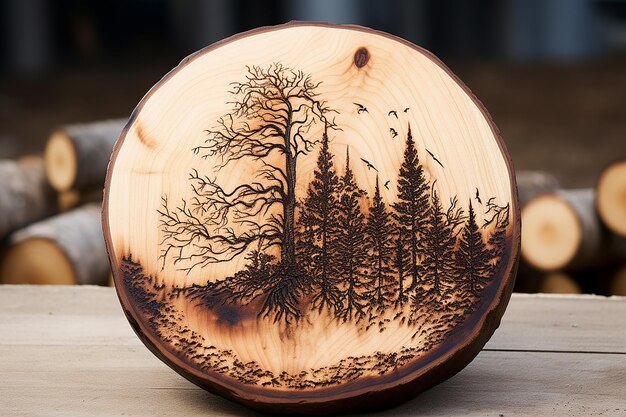 Houtverbrandende kunst op een rond stuk hout