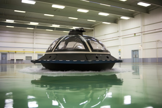 Foto hovercraft-prototype wordt getest in een gecontroleerde omgeving die is gecreëerd met generatieve ai