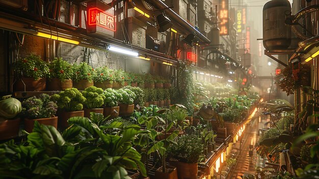 Photo hovering amidst the neon lights of the cyberpunk city space farms stand as a testament to huma