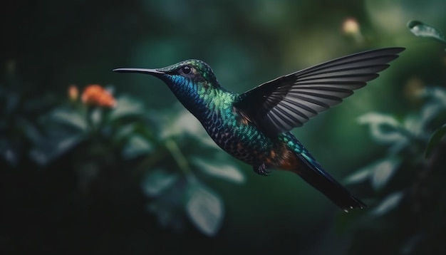 Hovering hummingbird spreads iridescent multi colored wings in mid air pollination generated by artificial intelligence