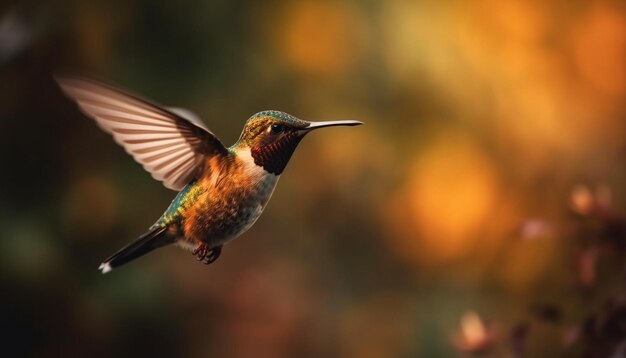 Hovering rufous hummingbird flapping wings mid air generated by AI