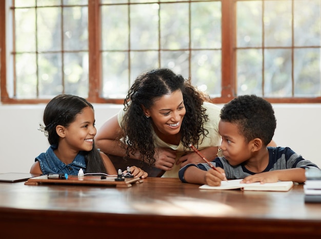 How are you guys doing Cropped shot of an attractive young mother helping her children with their homework