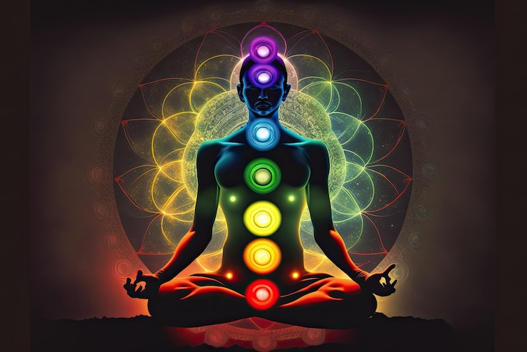 Photo how to heal the chakra with reiki energy healing chakra retreat silhouette of man with symbols of chakra ai generative