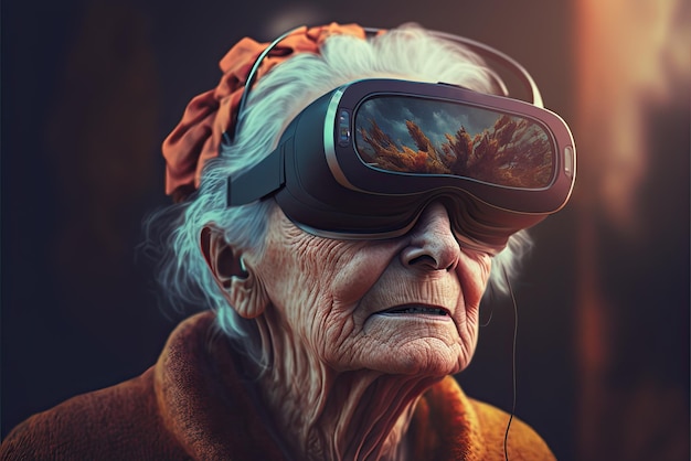 How Seniors Creating An Inclusive Metaverse Senior woman in virtual reality glasses headset in ageinclusive Metaverse AI generative