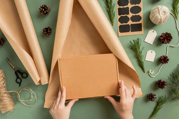 How to wrap a gift in zero waste style New year sustainable present wrapping process Step 1