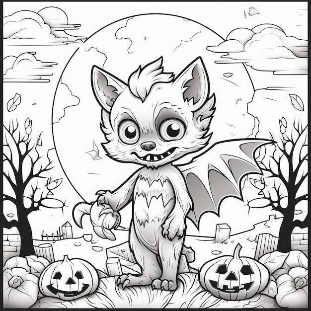 Foto howling werewolf halloween night coloring book sheet met vleermuizen maan en begraafplaats