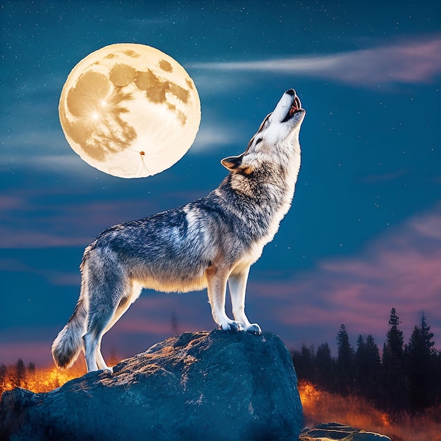 Howling wolf against the full moon background and the wilderness neural network ai generated