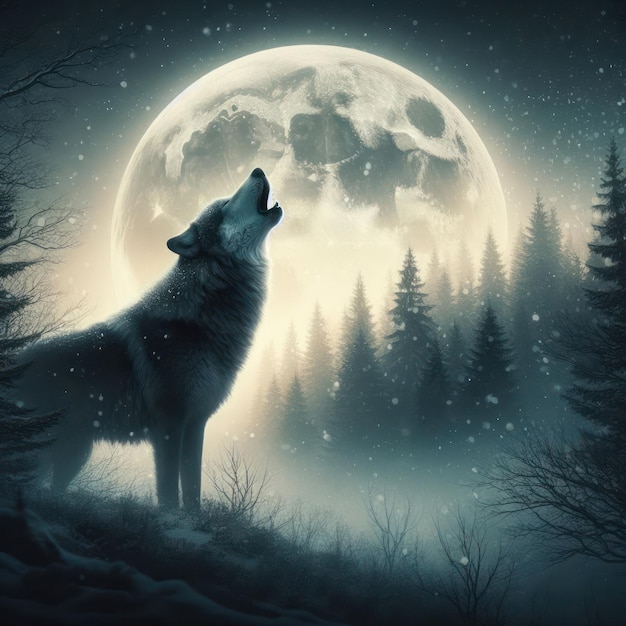 Photo howling wolf in the forest against the background of the full moon