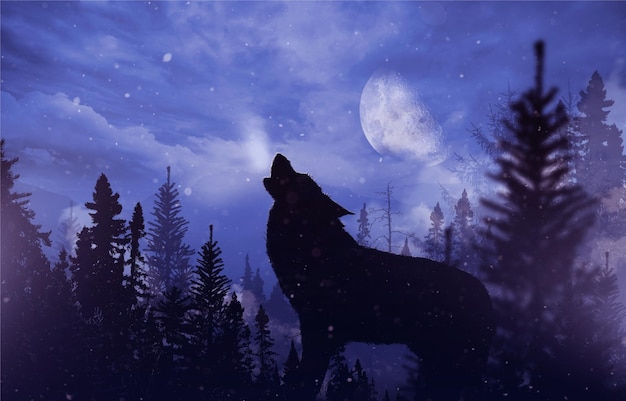 Photo howling wolf in wilderness mountain landscape with falling snow moon and the howling alpha wolf illustration