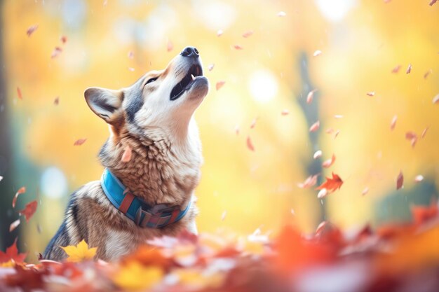 カラフルな紅葉の背景に吠えるオオカミ