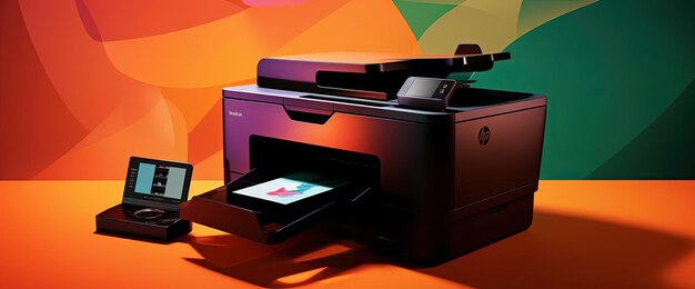 An hp color touch toner printer sitting on orange background in the style of photorealistic