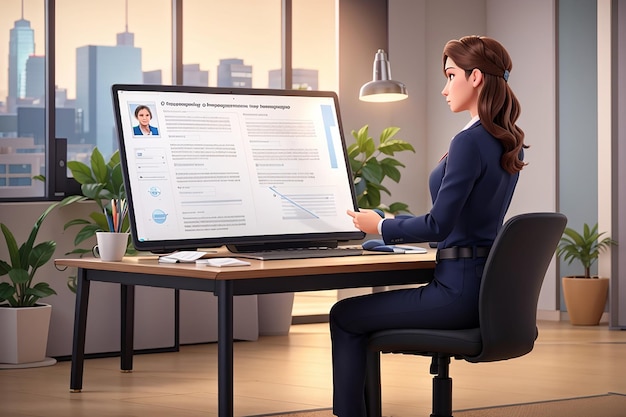 Hr manager choosing applicants resume flat vector illustration recruiter employer search staff reading candidates cv on pc employment recruitment service boss looking for personal assistant