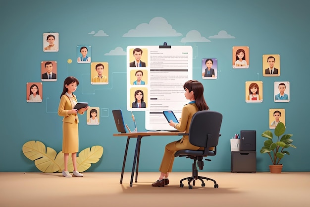 Hr manager choosing applicants resume flat vector illustration recruiter employer search staff reading candidates cv on pc employment recruitment service boss looking for personal assistant