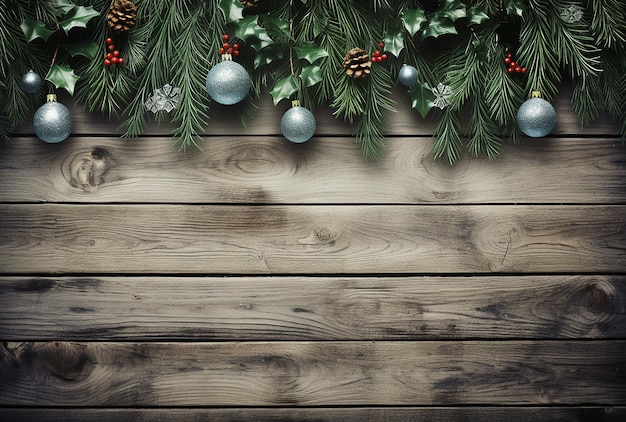 hristmas blue balls and pine leaves frame on wooden background