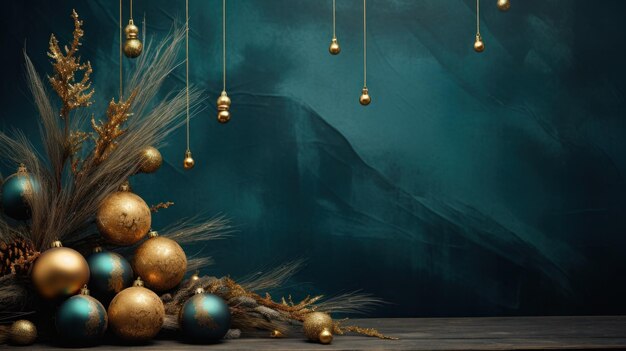 緑色の背景に弓とボールのクリスマス装飾