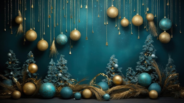 hristmas decorations with bows and balls on a green background