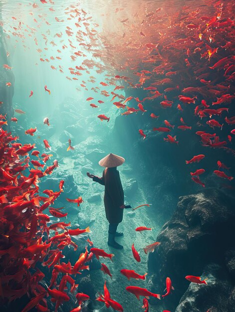 Photo httpssmjrunbjwqrvtczpy a fisherman feeds the fish in th