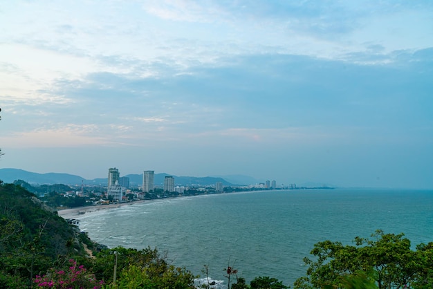 Hua Hin city scape skyline in Thailand at sunset time