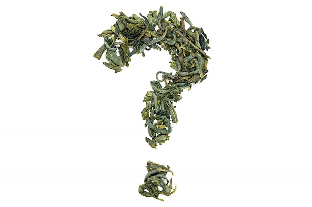 Huangshan Maofeng green tea, question mark shape, close up, isolated. 