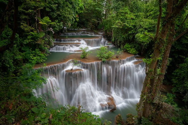 Huay mae khamin waterfall, this cascade is emerald green in Kanchanaburi province, Thailan