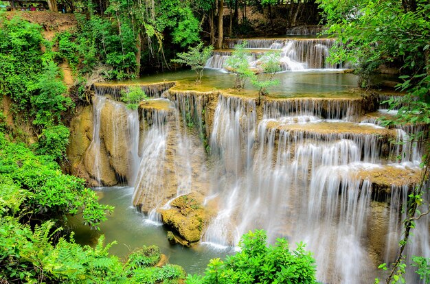 Huay Mae Khamin waterfall on tropical forest of national park in Thailand