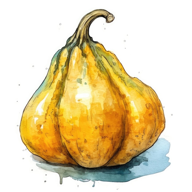 Hubbard Squash in watercolor style with ink outline on white background generative AI