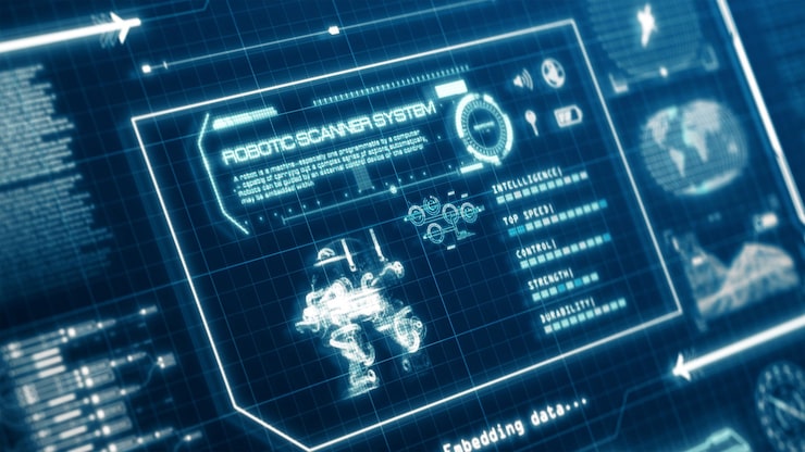 Photo hud 로봇 스캐닝 시스템 기능 사용자 인터페이스 컴퓨터 화면 디스플레이 (픽셀 배경 포함). 3d 렌더링