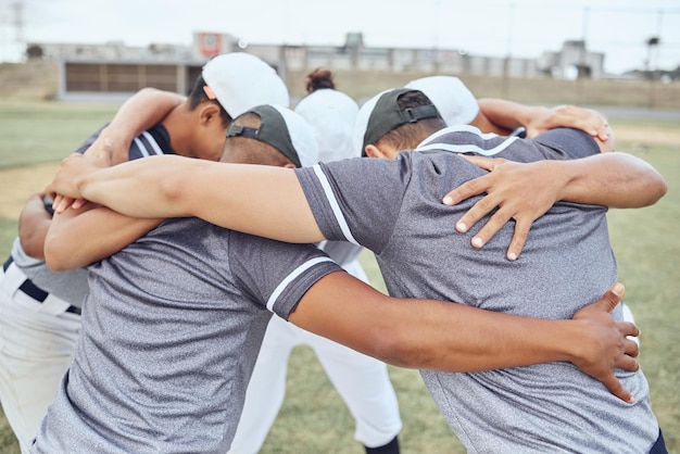 Huddle baseball teamwork and team on baseball field ready for game match or competition Training exercise and crowd of baseball players together for motivation team building or winning mindset