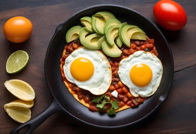 Photo huevos rancheros on a pan with eggs and beans and tomatoes on it