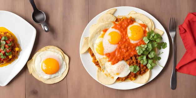 Huevos Rancheros 두 개의 긴 옥수수 토르라에 은 콩과 두 개의 선니 사이드 업 달이 여 있습니다.