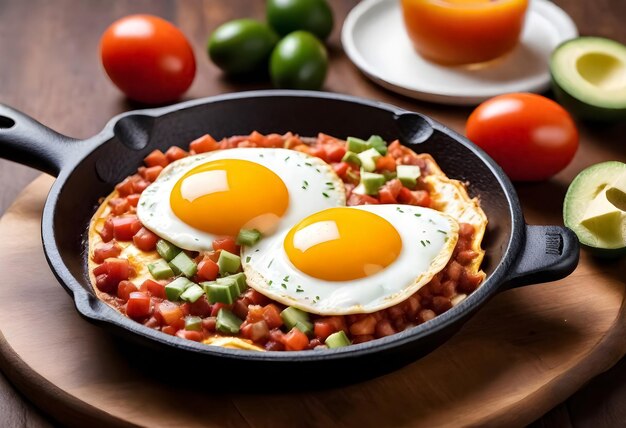 Photo huevos rancheros with fried eggs in a skillet with tomatoes and avocado