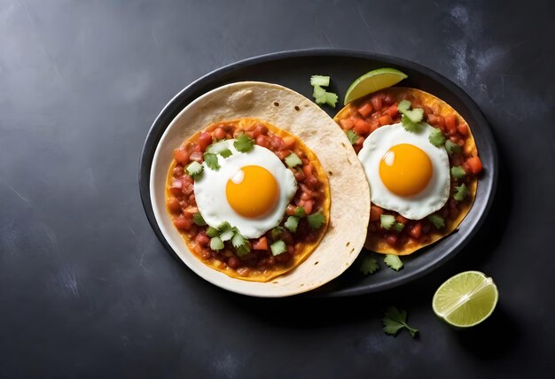 Photo huevos rancheros with fried eggs on a tortilla with salsa and cilantro on a black background