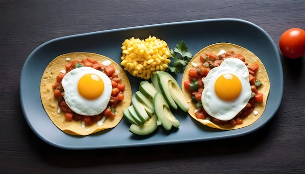 푸른 접시에 달과 토마토를 넣은 두 개의 타코와 함께 huevos rancheros