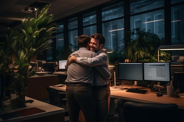 Hug between coworkers in a supportive work environment