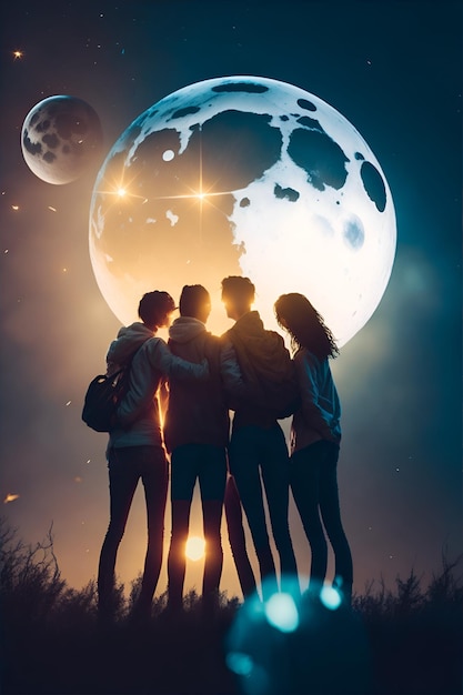 Hug of friends in front of the moon