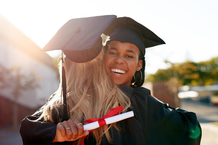 Photo hug students and graduation for college or university friends together for congratulations portrait of black woman outdoor to celebrate education achievement success or certificate at school event