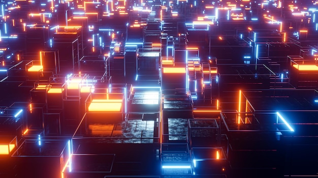 Huge abstract digital city with orange and blue lights 3D rendering illustration