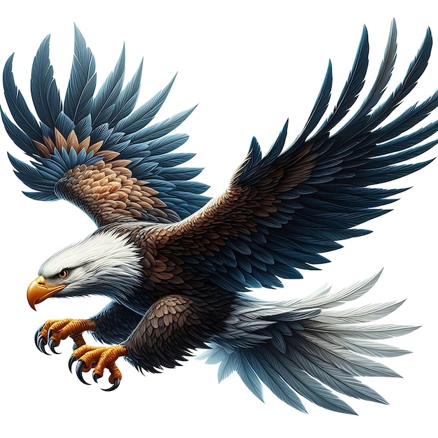 A huge American Eagle with wide spread wings is flying gracefully on a transparent background