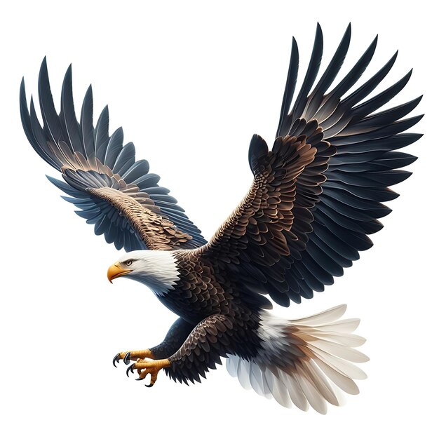 A huge American Eagle with wide spread wings is flying gracefully on a transparent background