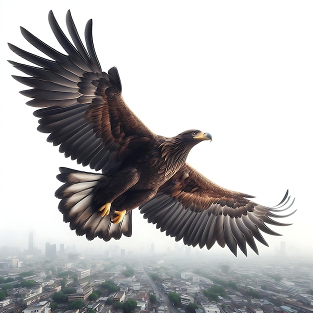 A huge American Eagle with wide spread wings is flying gracefully on a transparent background