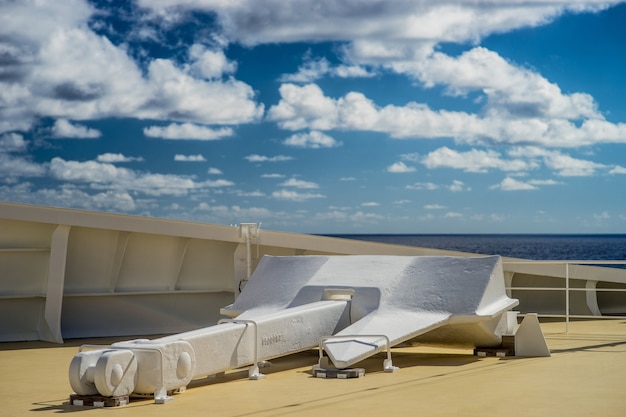 Huge anchor lay on the bow of Cruise ship.