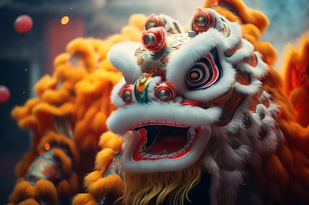 写真 巨大で恐ろしい中国の獅子が魔法の背景で踊る