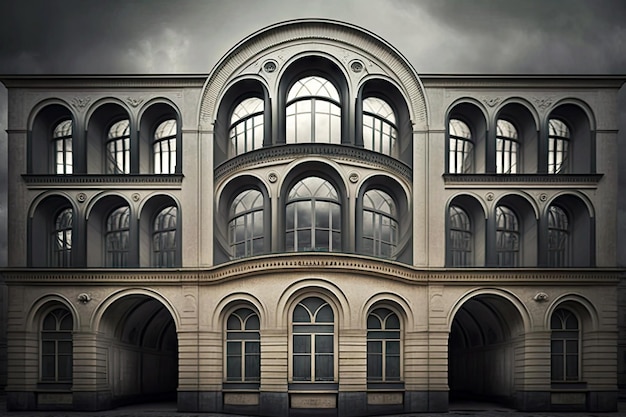 Huge arched windows on building in city against gray sky