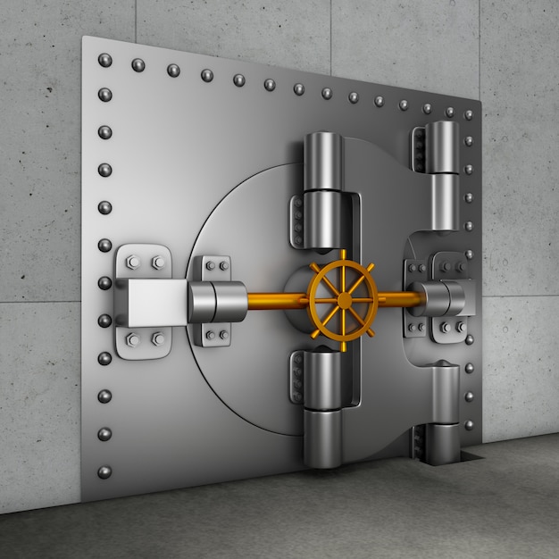 Huge armored door in the banking gold vault. 3d render